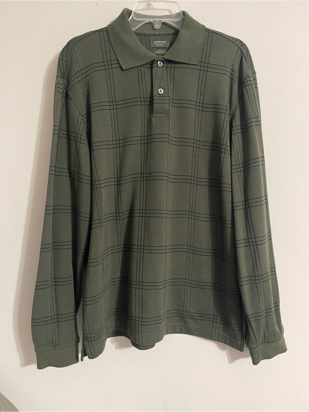 Arrow Men's Henley Polo Shirt Sz M Classic Fit Army Green & Navy Plaid Preppy